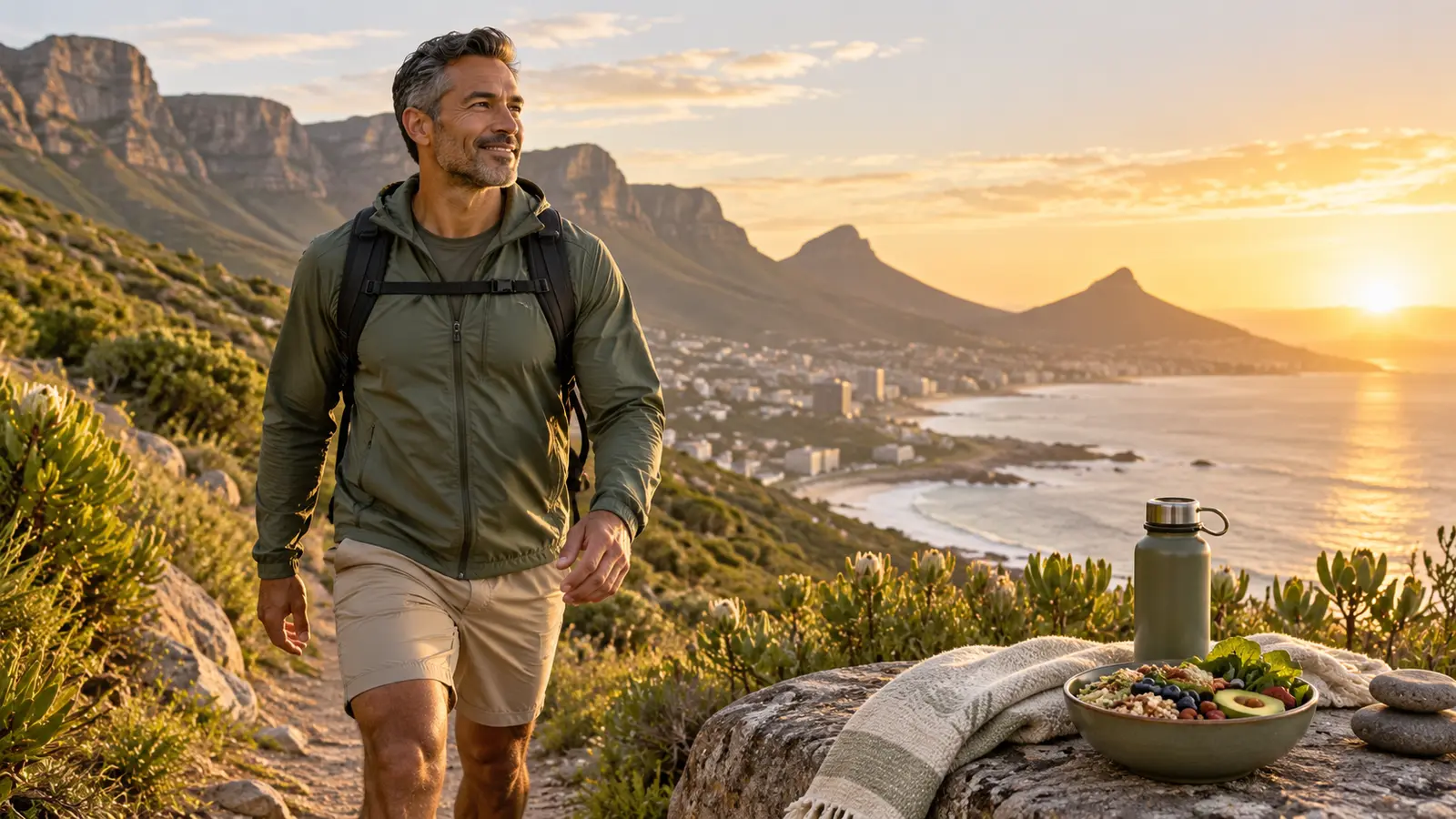 Mature man walking outdoors with water bottle and resistance band