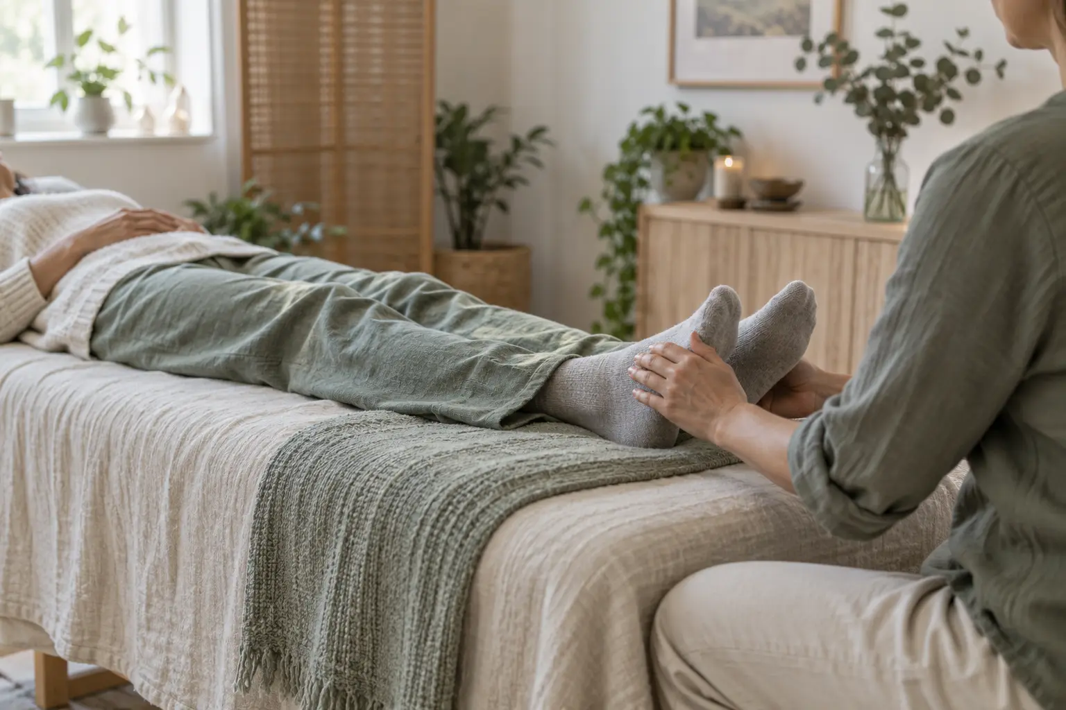 A fully clothed adult receiving light touch near the feet in a calm professional treatment room