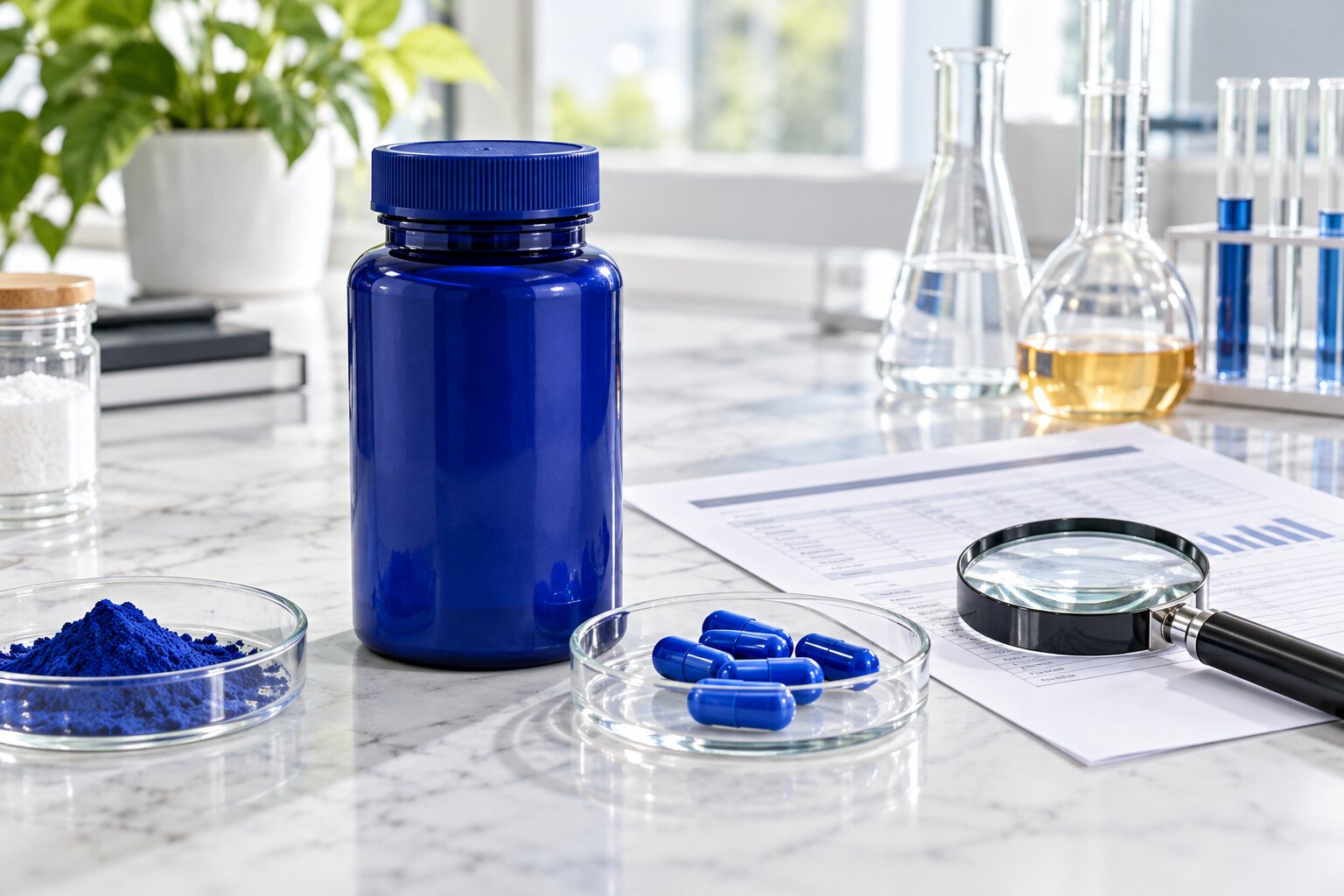 Unbranded blue capsules, quality document and laboratory glassware on a clean workbench