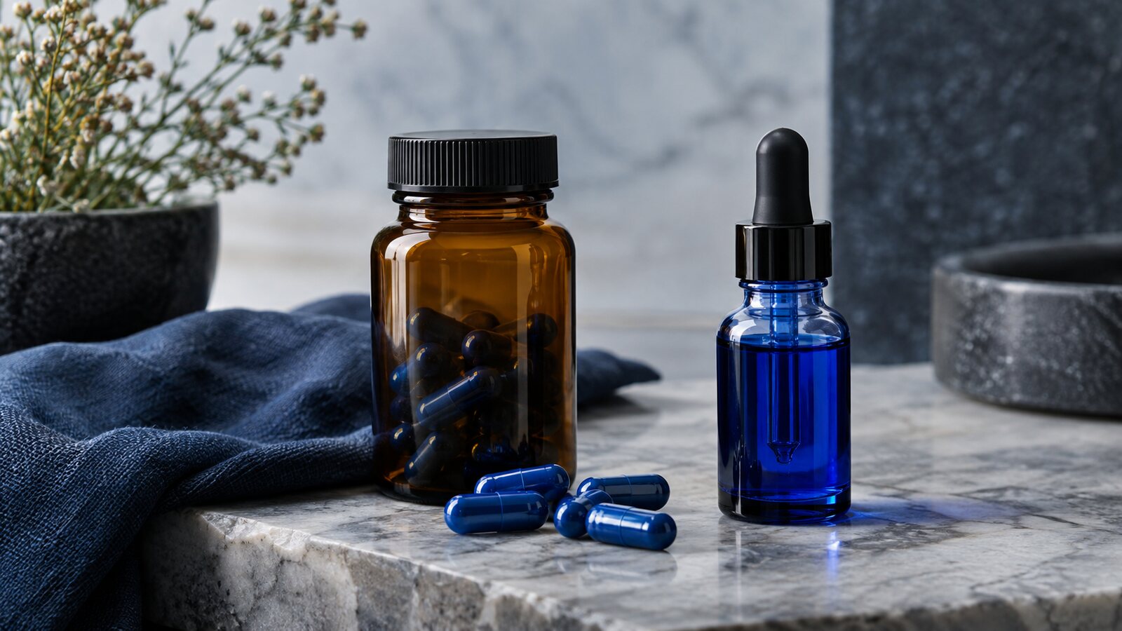 Blue capsules and liquid methylene blue in unbranded amber and dropper bottles