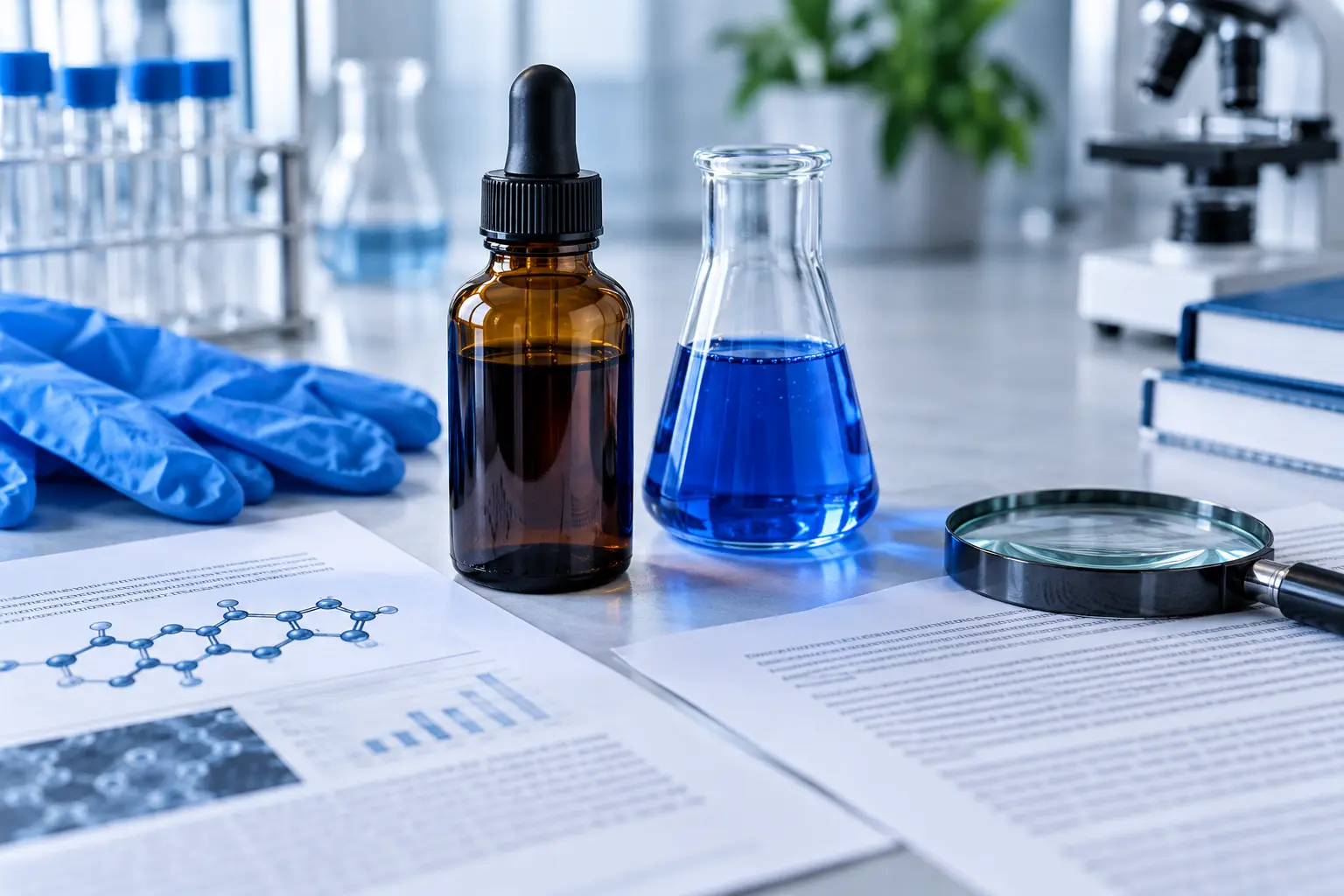 Amber bottle and blue laboratory solution beside research papers, gloves and magnifying glass