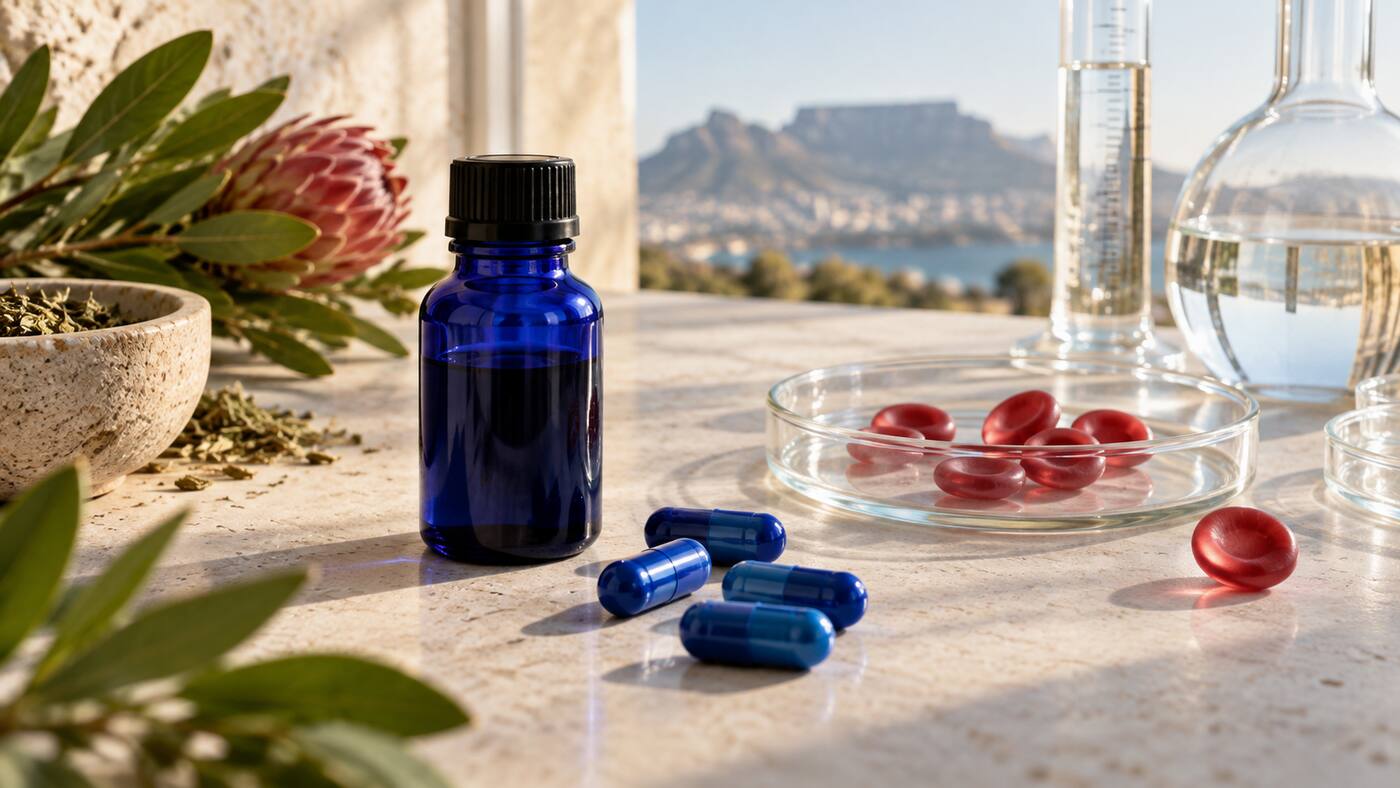 Cobalt-blue bottle and capsules with an abstract red-blood-cell motif in a calm South African wellness setting