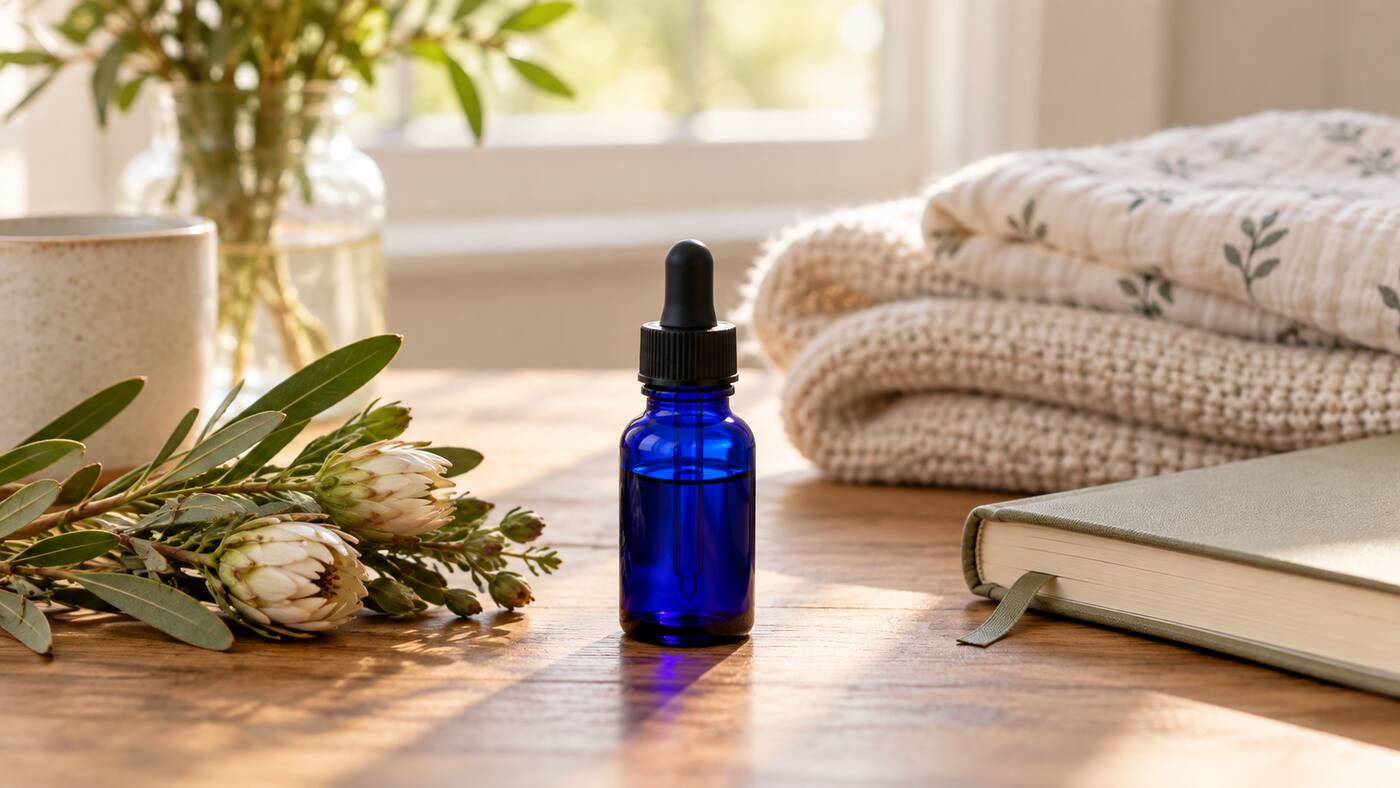 Unbranded cobalt-blue dropper bottle beside fynbos, a journal and a folded baby blanket