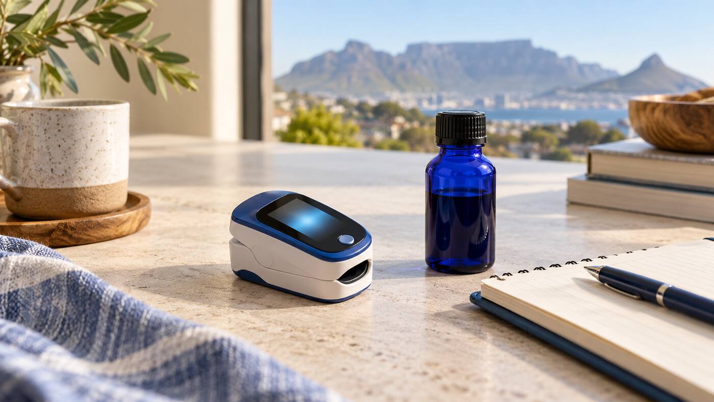 Pulse oximeter beside an unbranded cobalt-blue bottle in a calm South African setting