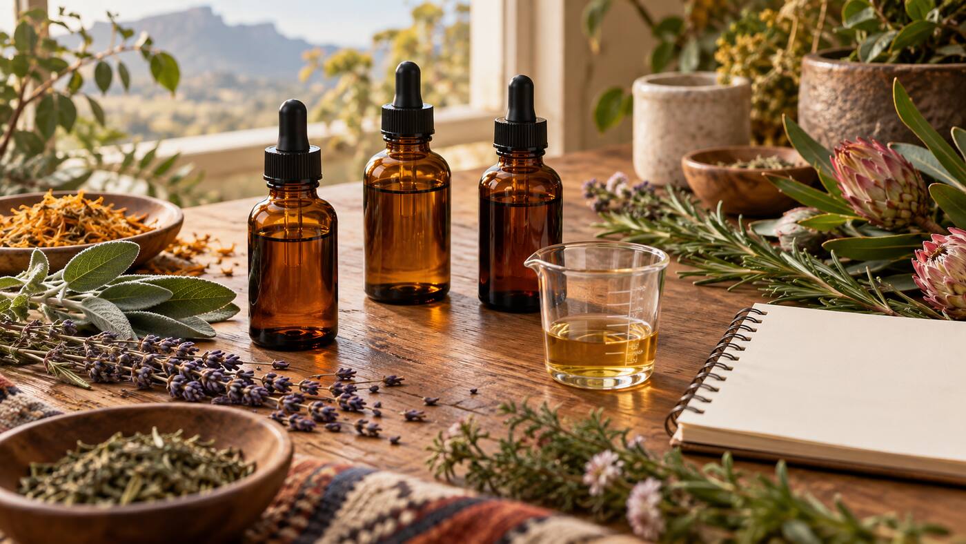 Three unbranded amber tincture bottles with herbs, a measuring glass and a blank notebook