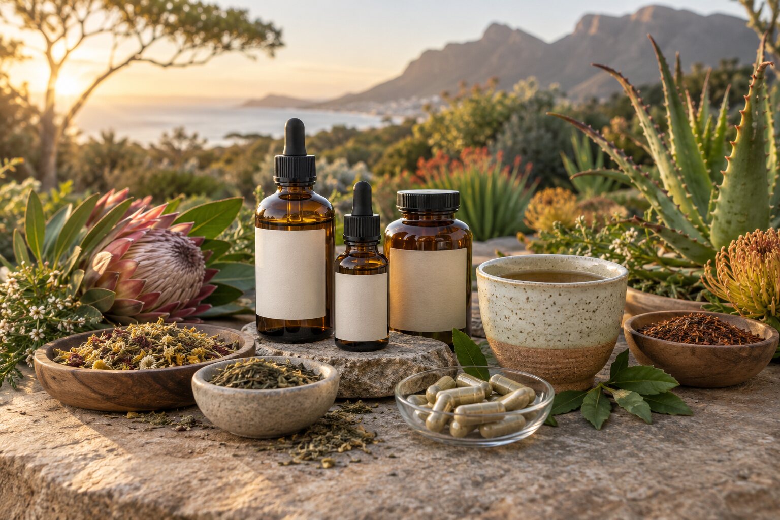 Herbal tinctures, botanical teas and supplements arranged in a South African garden setting