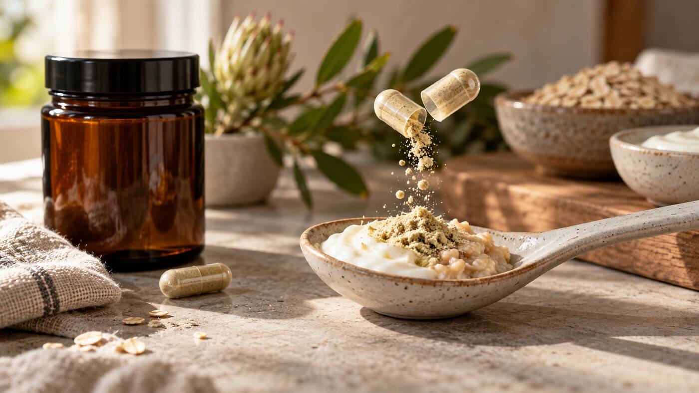 Opened supplement capsule over soft food with an unbranded amber jar in a sunlit kitchen
