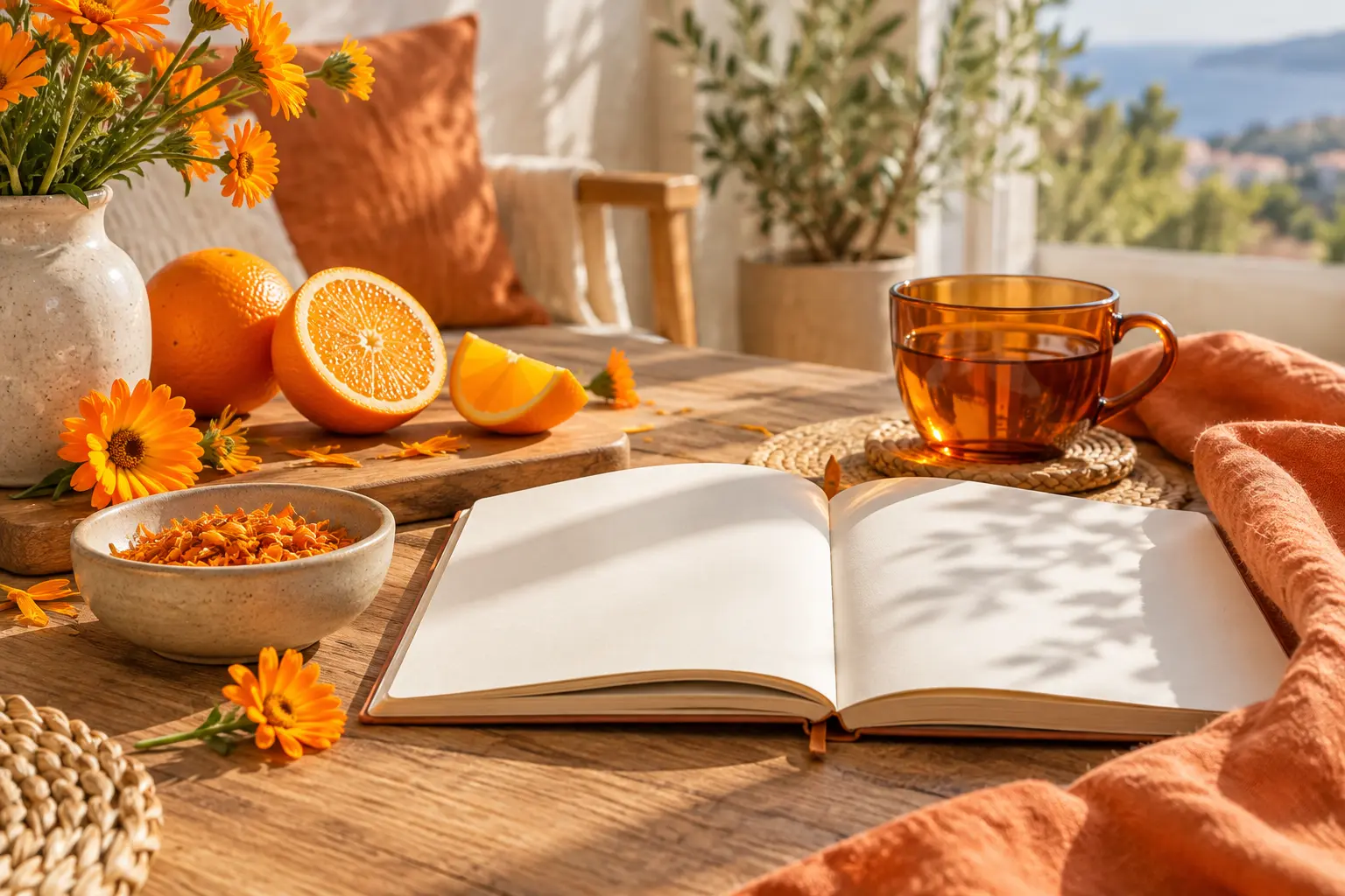 Oranges, calendula flowers, amber tea and a blank journal in a warm sunlit setting