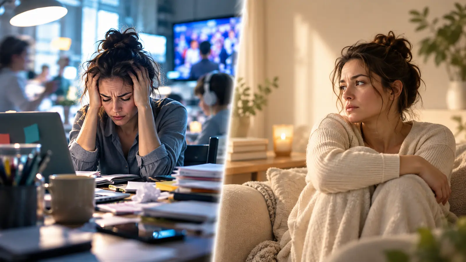 Split scene comparing sensory overstimulation in a busy room with internal anxiety in a quiet room