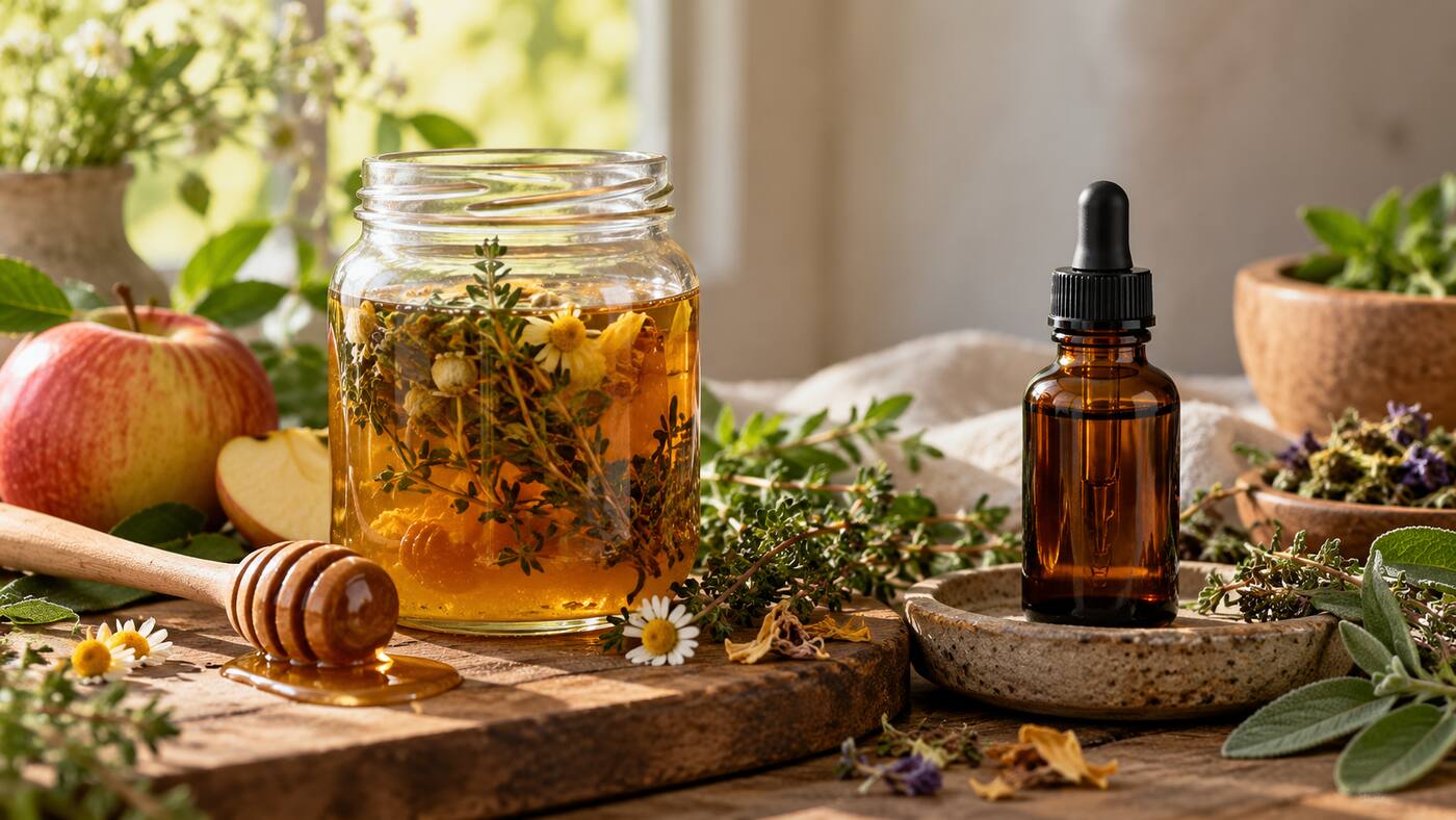 Golden honey-and-vinegar herbal oxymel beside an amber tincture dropper bottle
