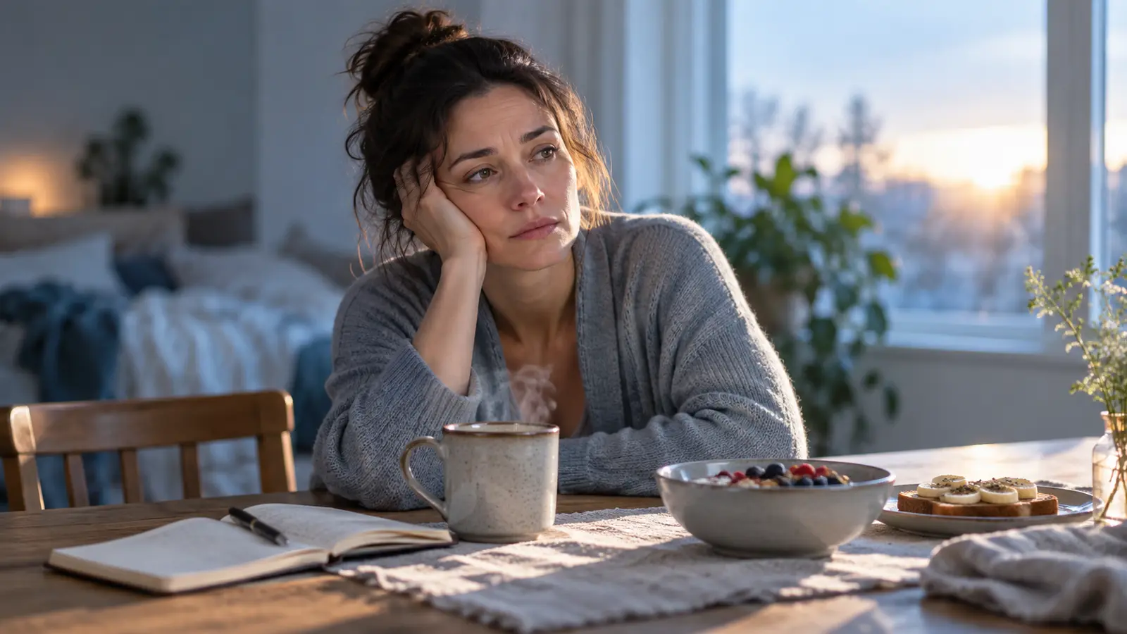 Tired woman at a breakfast table after a poor night of sleep