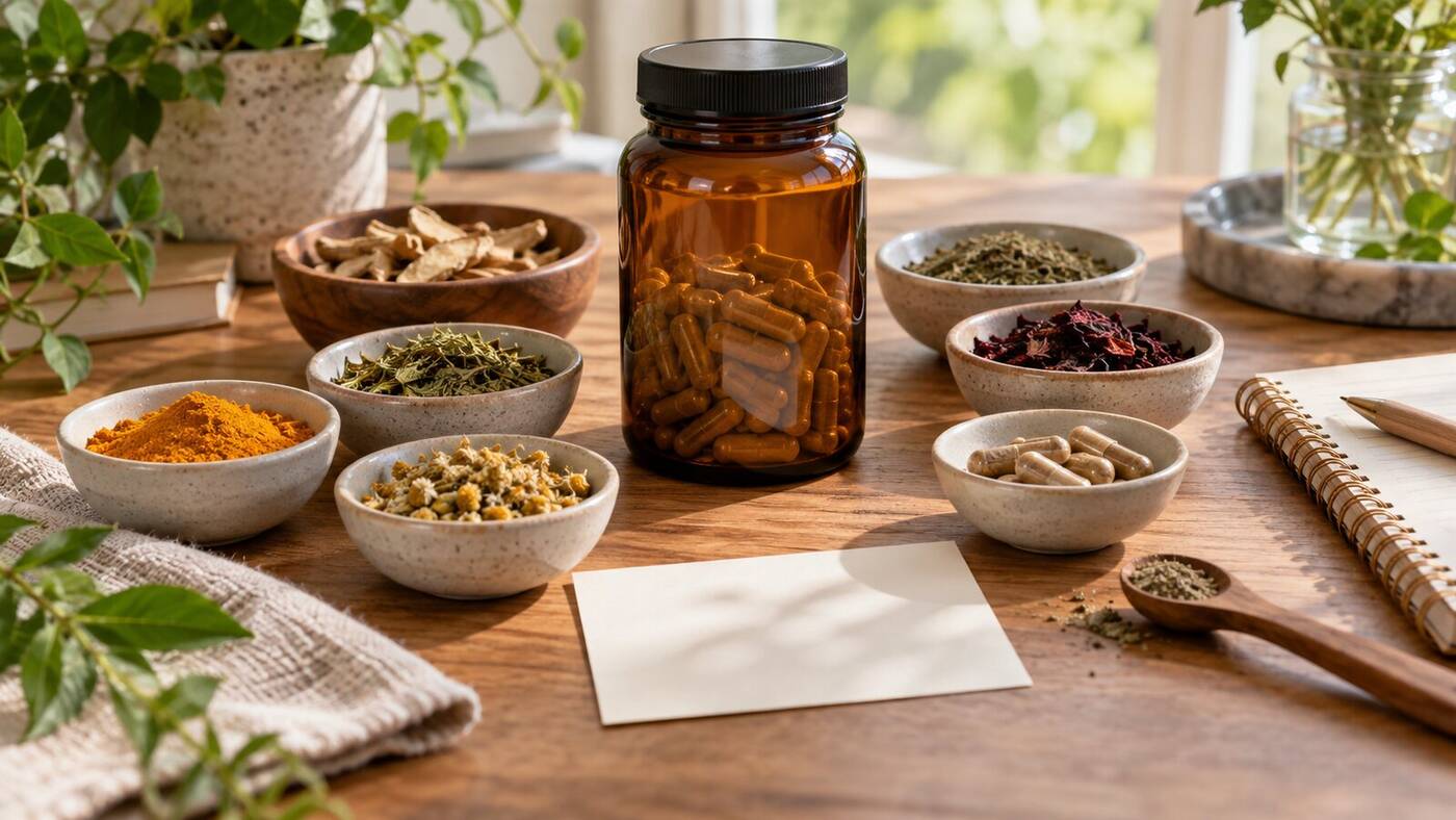 Unbranded supplement jar with measured botanicals, capsules and a blank ingredient card