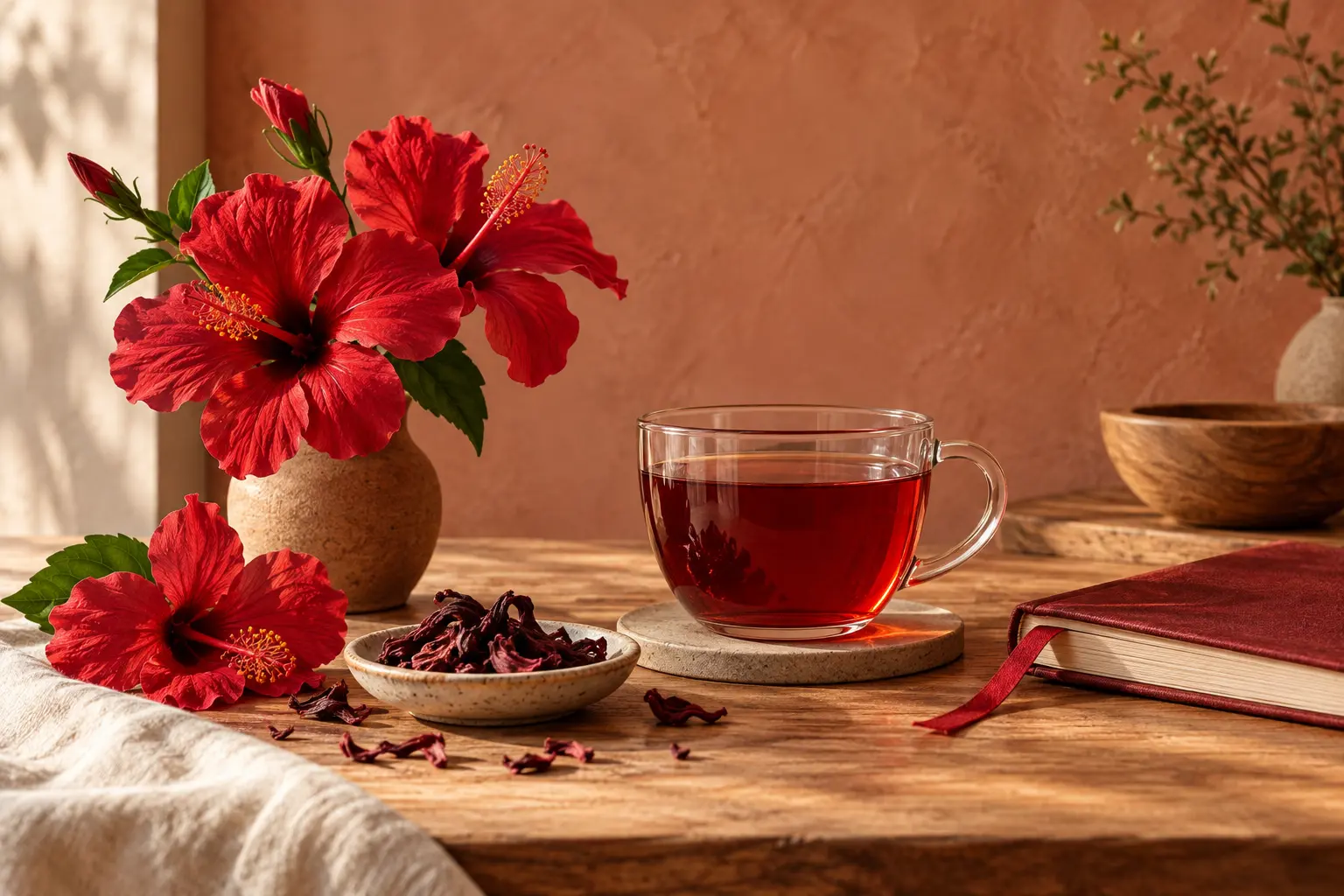 Red hibiscus flowers, hibiscus tea and a journal arranged for a grounded colour ritual