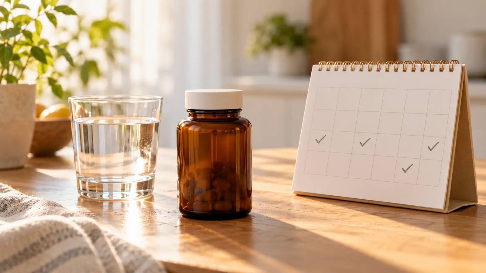 Unbranded supplement bottle, water and a blank calendar on a kitchen table