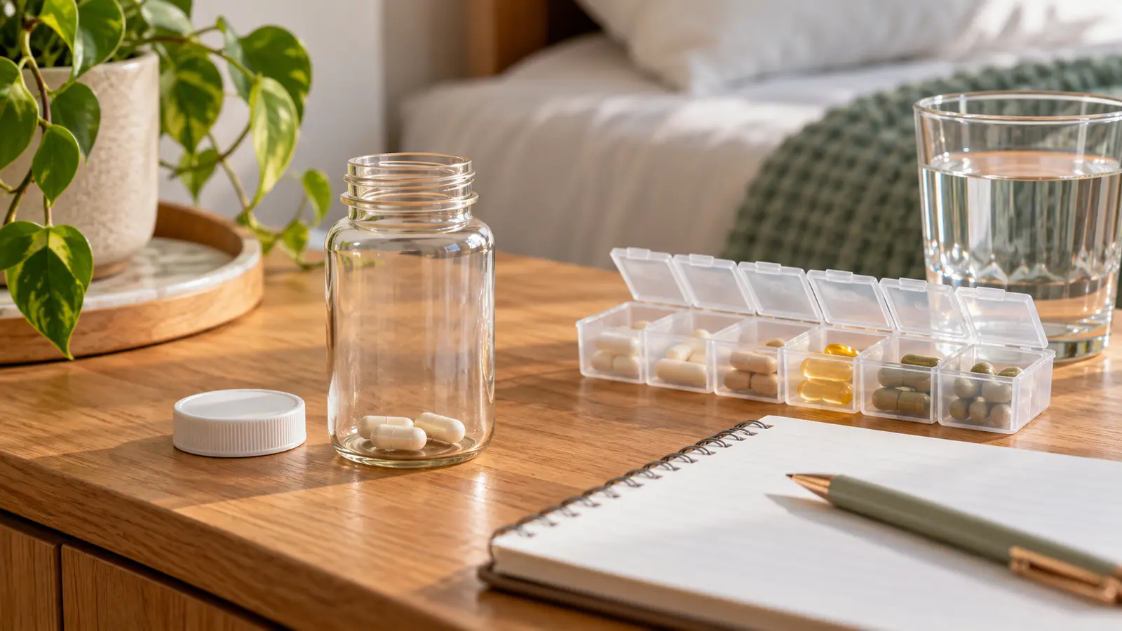 Nearly empty supplement bottle beside an organiser, notebook and water