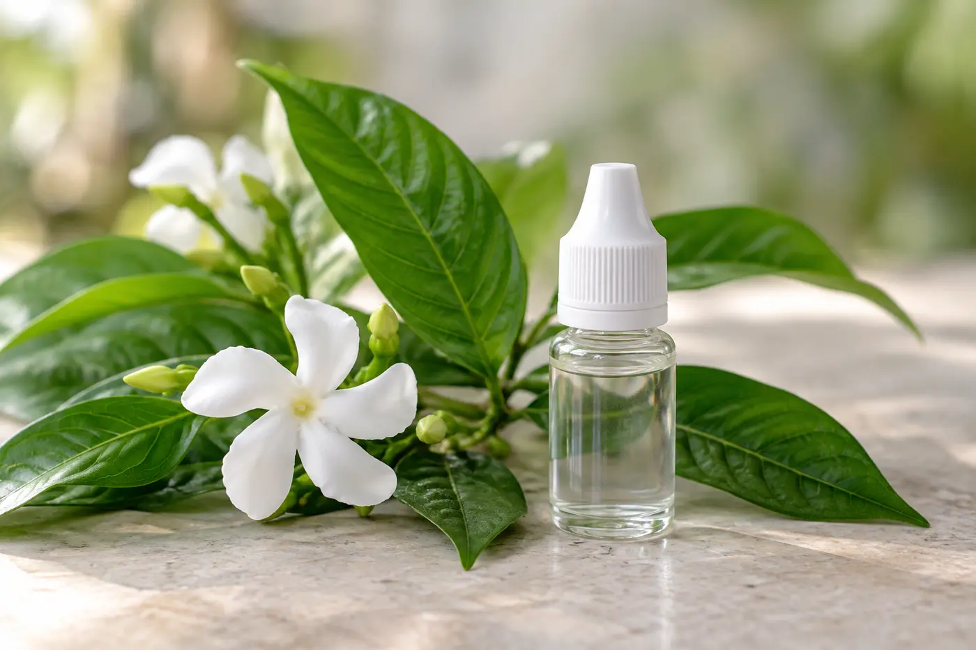 Closed unlabelled eye-drop bottle beside glossy green botanical leaves on a clean surface