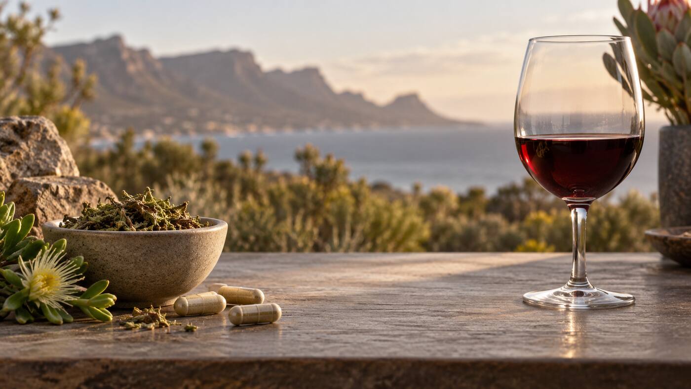 Dried Sceletium and botanical capsules separated from a glass of wine