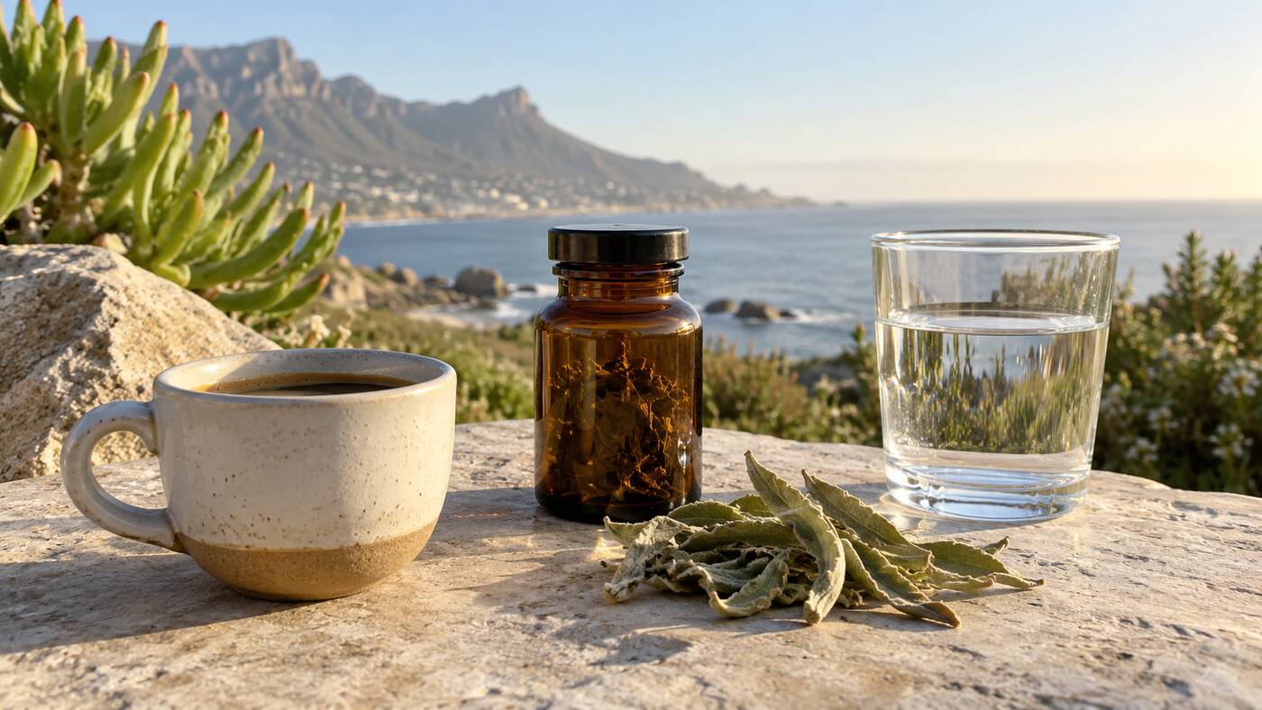 Coffee, an amber botanical bottle, Sceletium leaves and water overlooking the Cape coast