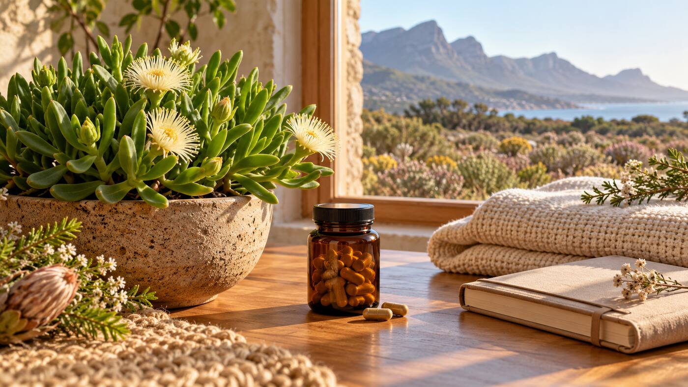 Flowering Sceletium succulent and an unbranded capsule jar set apart from a folded baby blanket