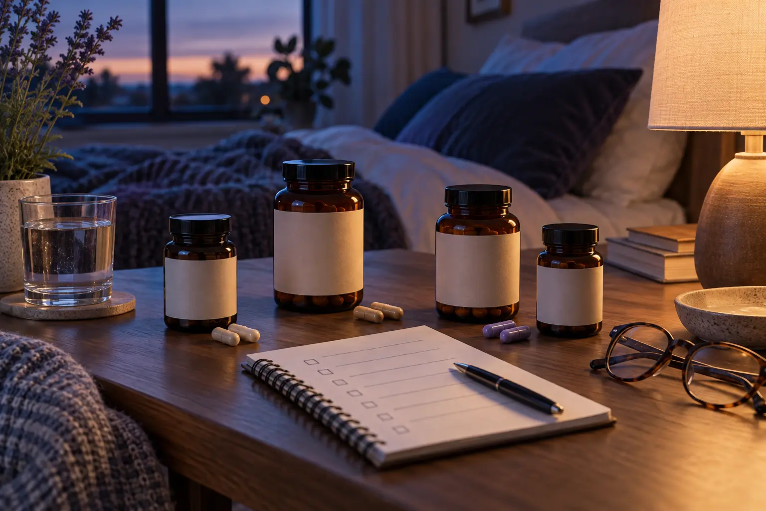 Unlabelled supplement jars beside a nighttime ingredient checklist, water and reading glasses
