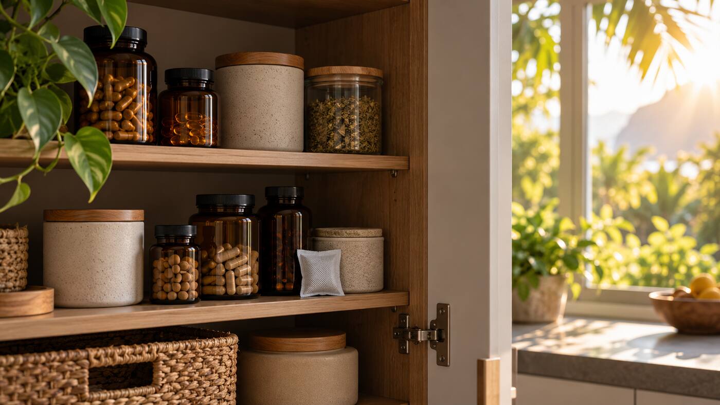 Sealed supplement bottles and jars stored inside a cool cupboard away from bright sunlight