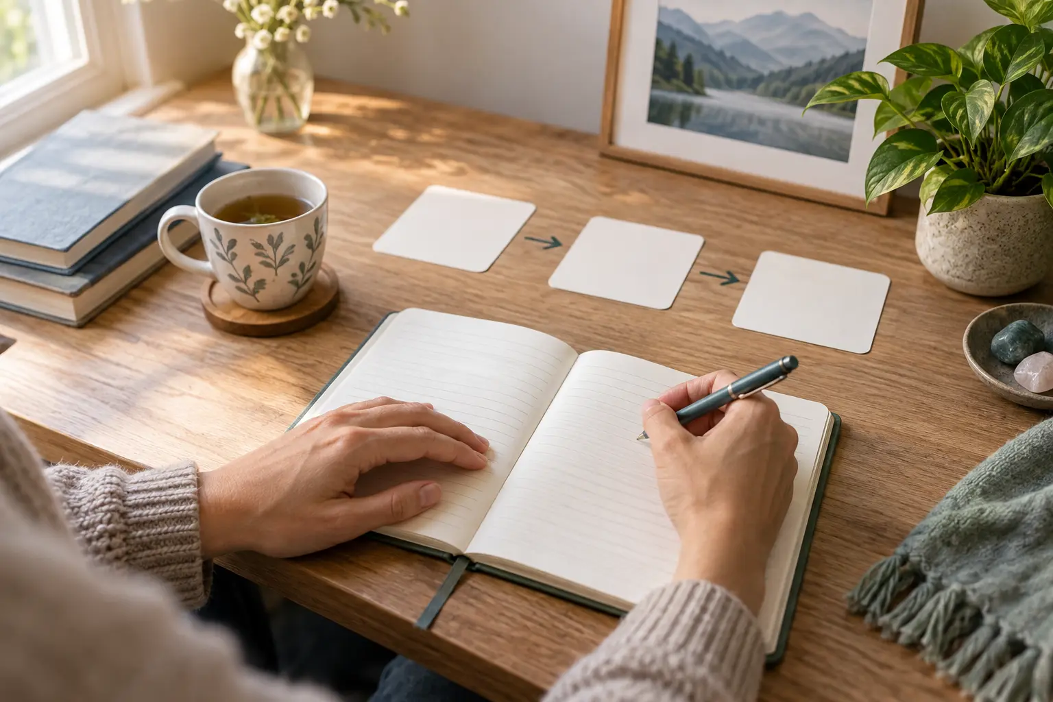 Hands writing in a journal beside blank thought cards and herbal tea on a calm desk