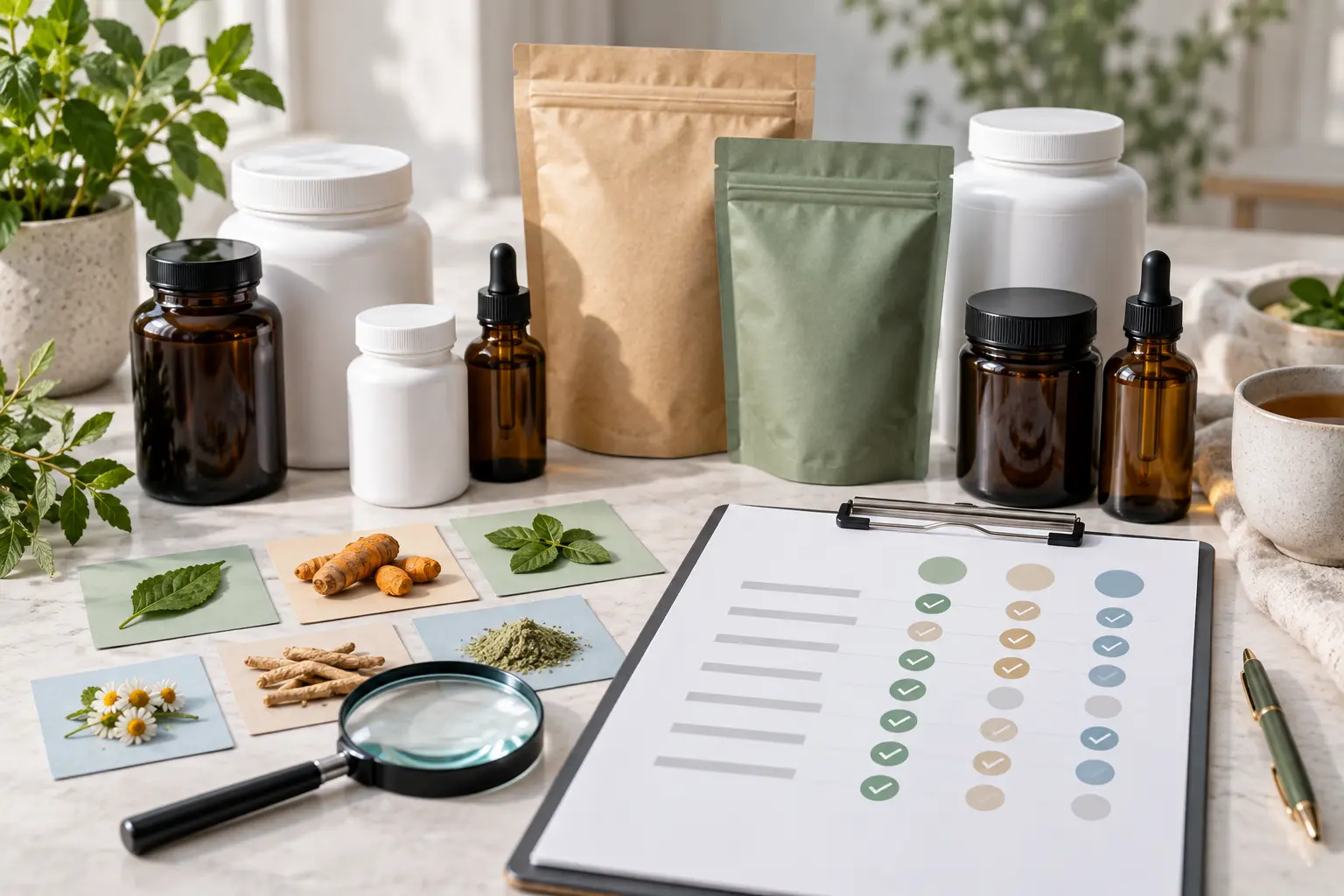 Unlabelled supplements, teas and tinctures arranged with a comparison checklist and magnifying glass