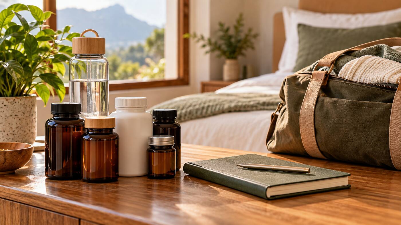 Unbranded supplement bottles set beside a notebook and packed overnight bag for pre-surgery review