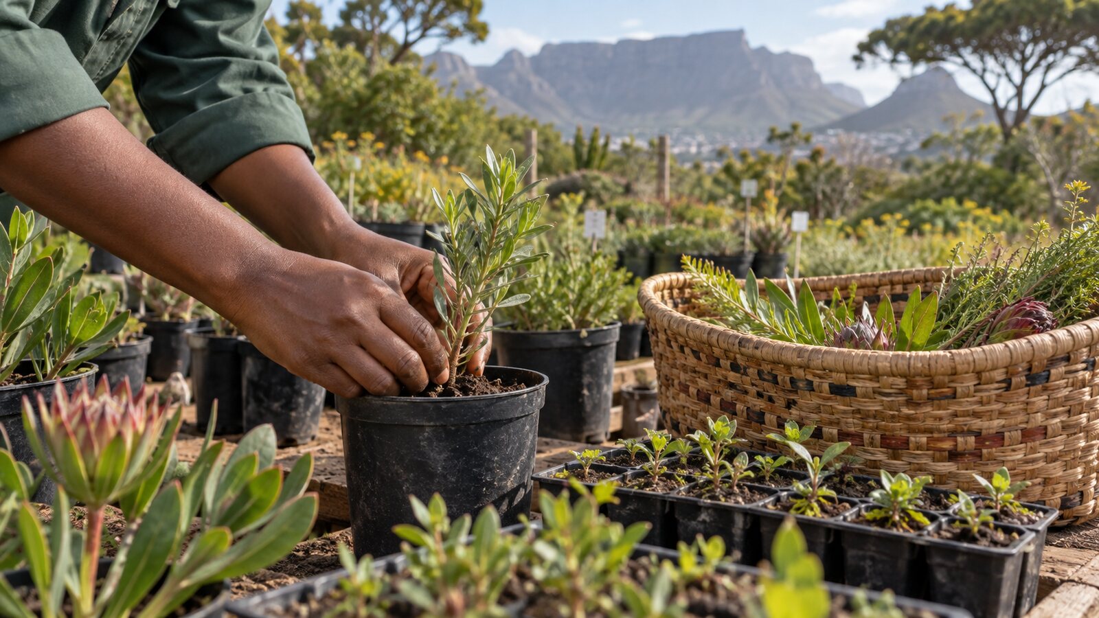 Hands tending cultivated Indigenous South African medicinal plants in a nursery
