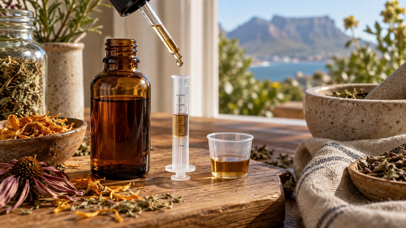 Herbal tincture dropper beside a calibrated oral syringe and measuring cup