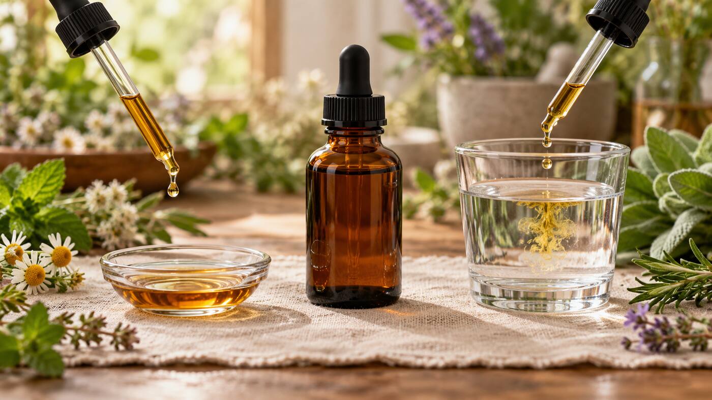 Amber herbal tincture bottle between a small dish and a glass of water with measured drops