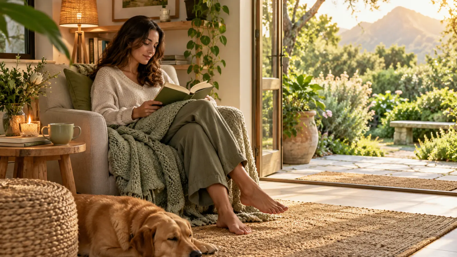 Peaceful chair, warm tea and soft natural light in a safe room