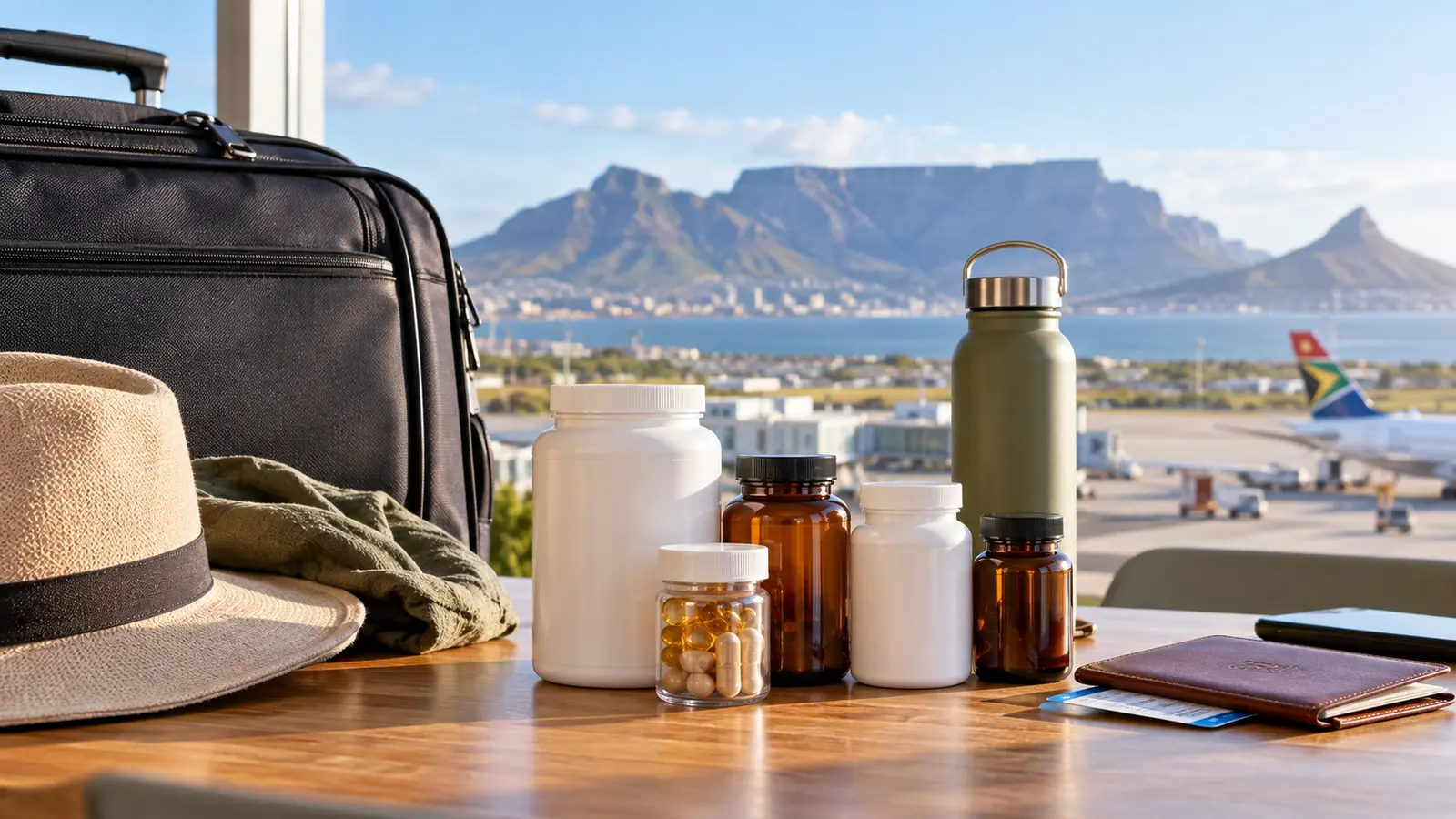 Unbranded supplement containers packed beside luggage at Cape Town airport