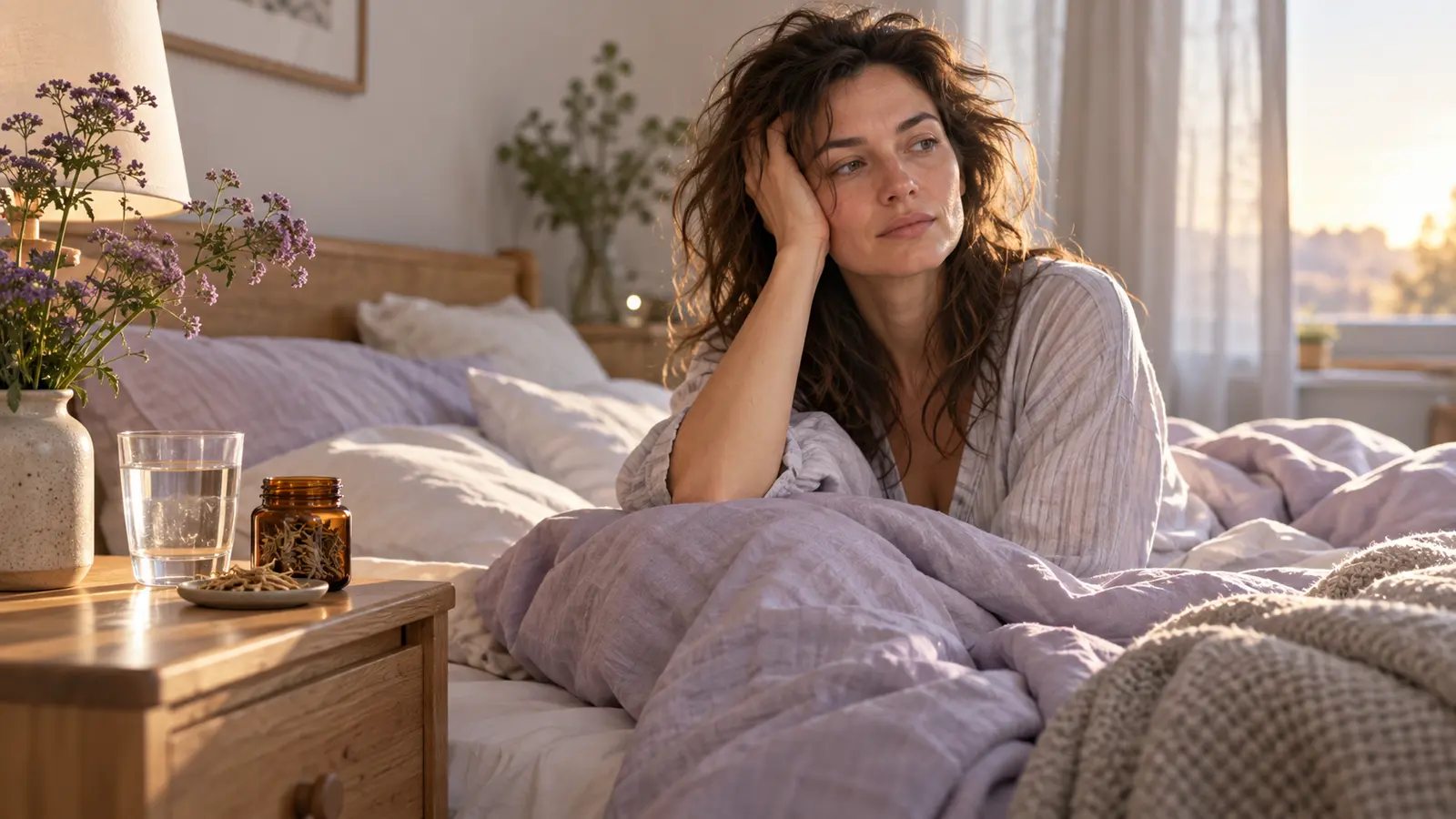 Woman waking groggy beside water and an unbranded jar of valerian root