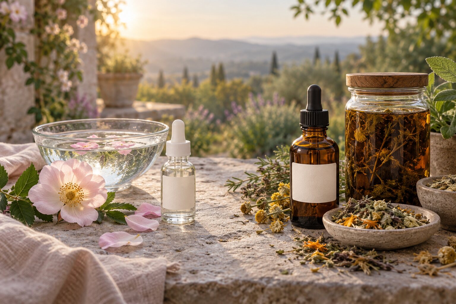 Clear flower essence beside amber herbal tincture and extracted botanicals