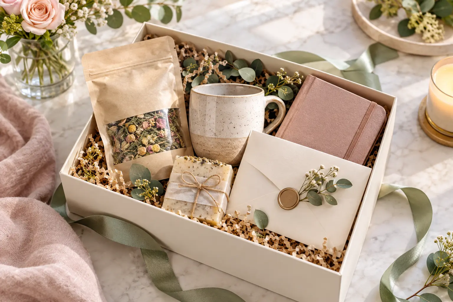 Thoughtful wellness gift box with herbal tea, journal, natural soap and gift voucher envelope