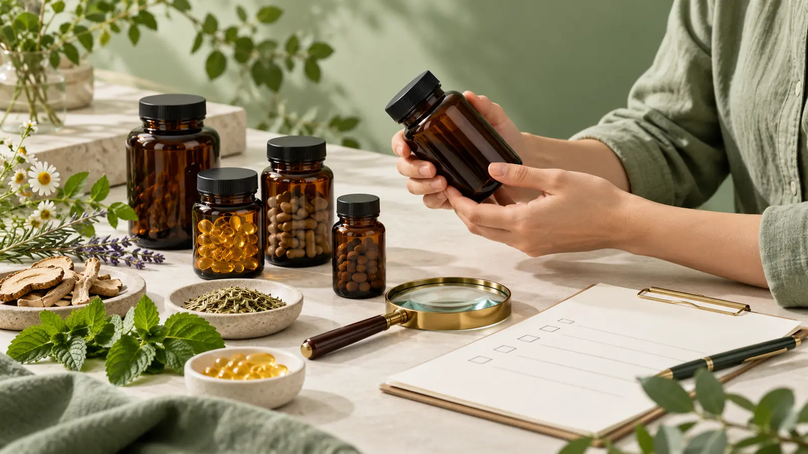 Unbranded wellness products being reviewed with a quality checklist and magnifying glass