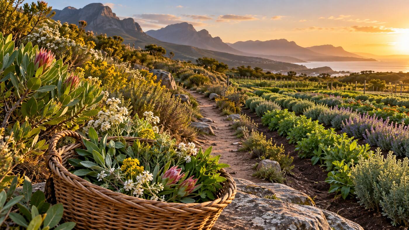 South African fynbos beside cultivated herb rows with a basket of sustainably gathered leaves and flowers