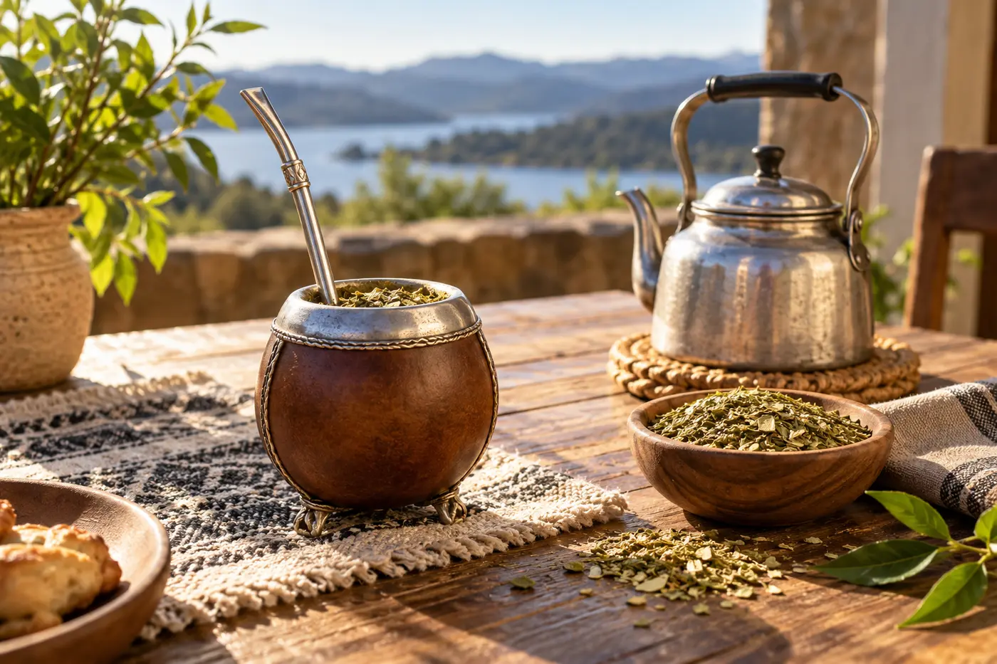 Traditional Yerba Maté gourd with bombilla, loose leaves and kettle on a warm wooden table