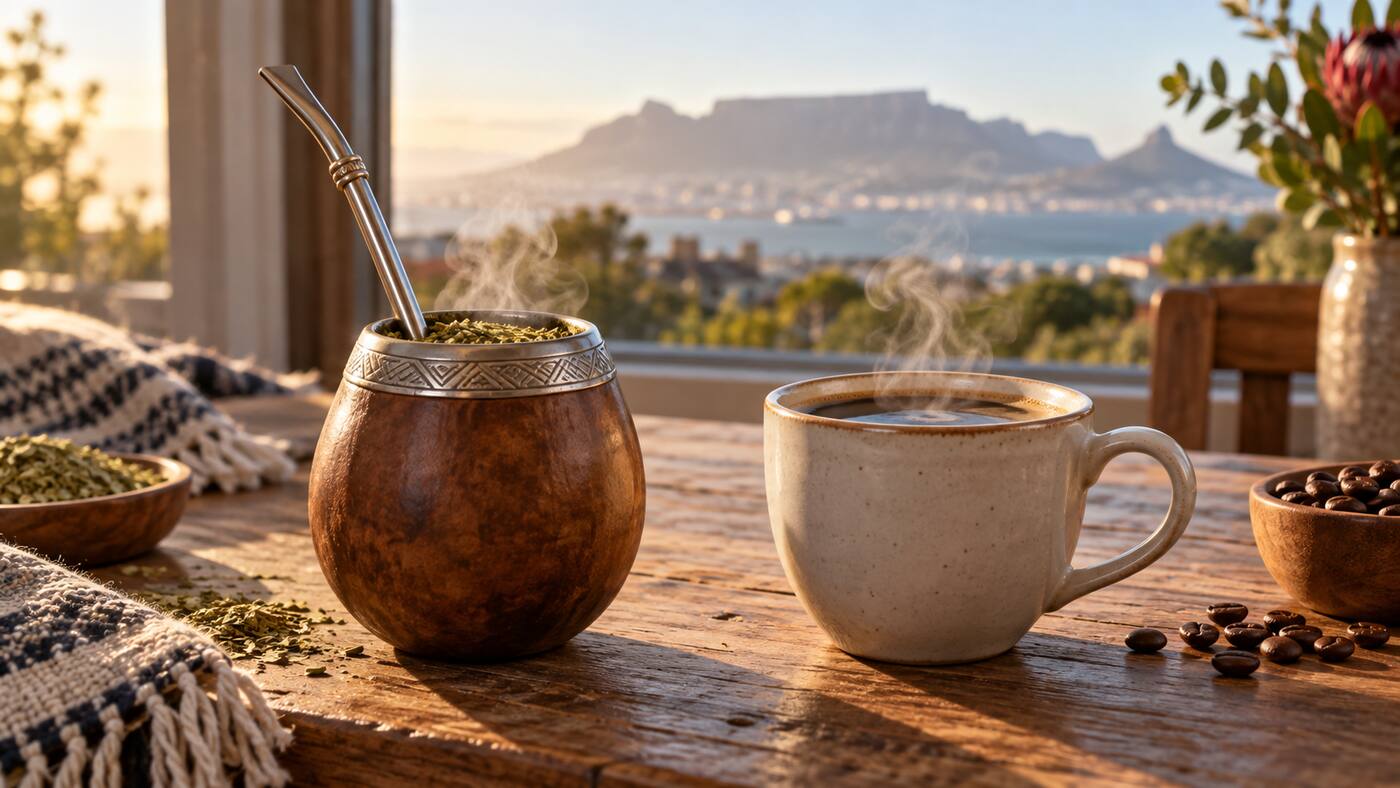 Yerba Maté gourd and bombilla beside a cup of coffee in warm Cape morning light
