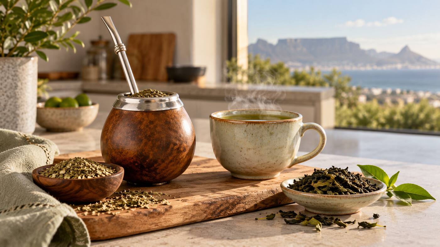 Traditional Yerba Maté gourd and bombilla beside a ceramic cup of green tea