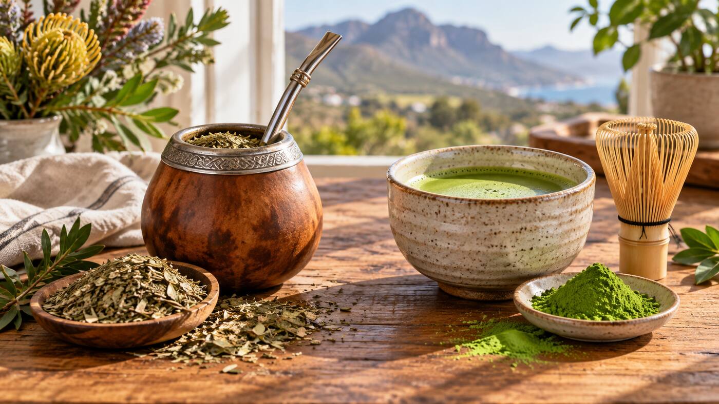 Yerba Maté gourd and bombilla beside a bowl of matcha and bamboo whisk