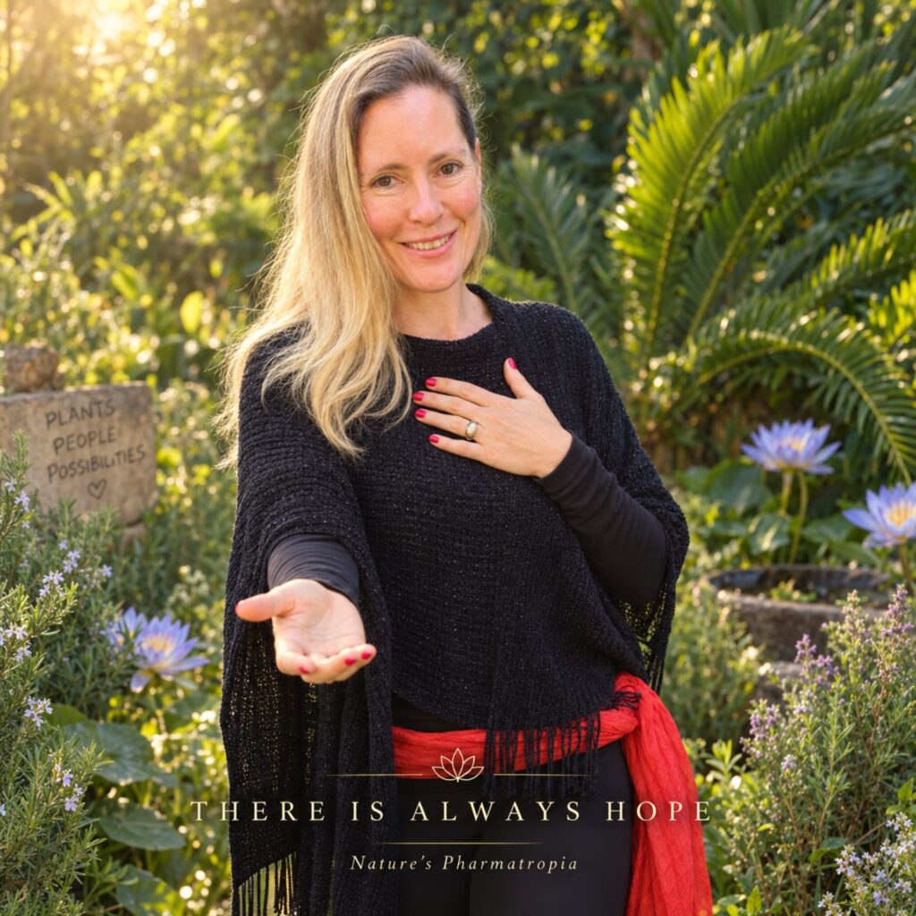 Lize in a garden, with the words There is always hope — Nature’s Pharmatropia