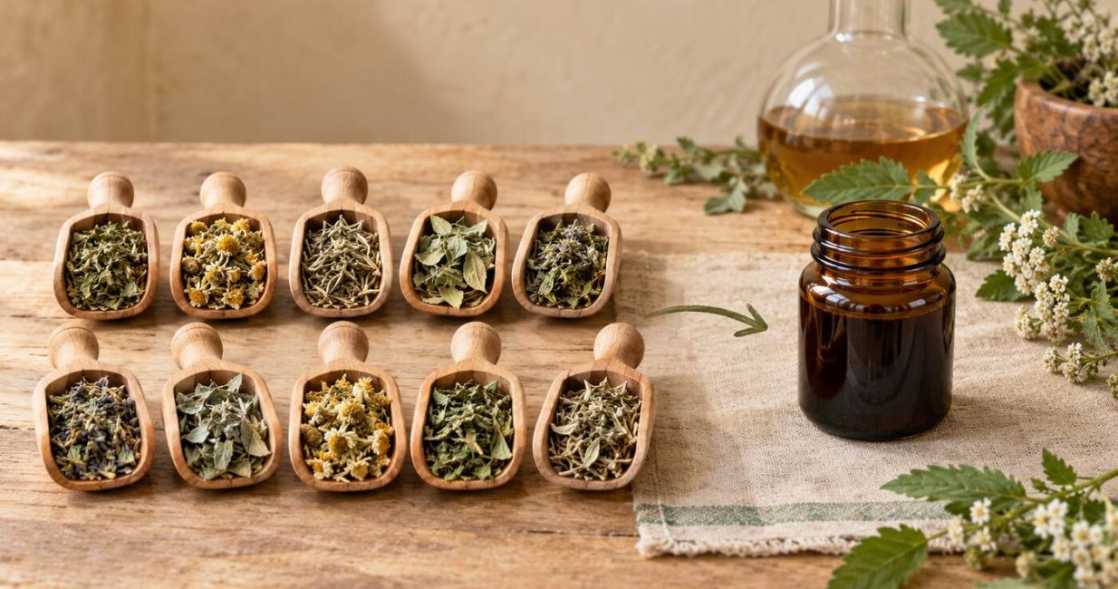 Ten scoops of dried botanicals arranged beside one amber jar of concentrated herbal extract