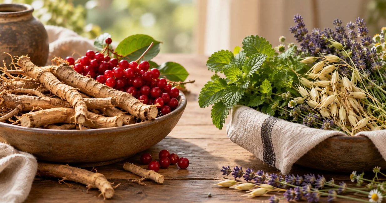 Robust adaptogenic roots and berries beside delicate nervine leaves, oat tops and lavender