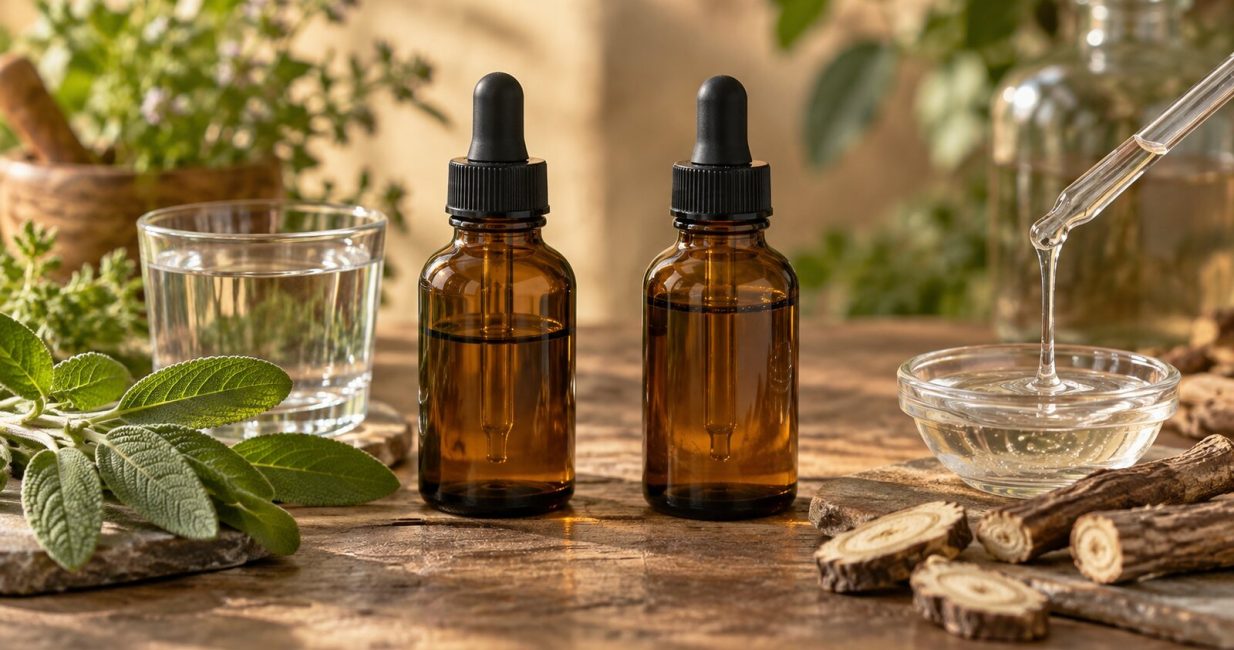 Two amber botanical extract bottles beside water, glycerin, leaves and roots