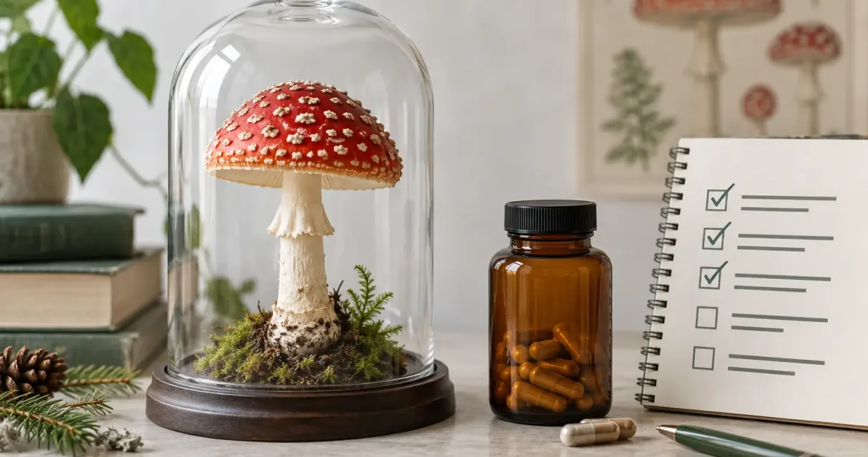 Amanita muscaria mushroom under glass beside an amber capsule bottle and safety checklist