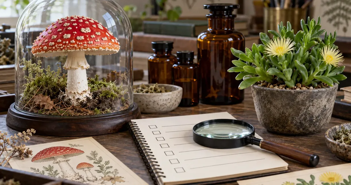 Amanita muscaria specimen and Sceletium plant kept separate on a botanical safety review desk