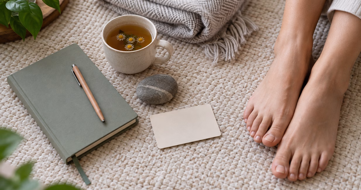 Grounding toolkit with journal, tea, blanket and smooth stone