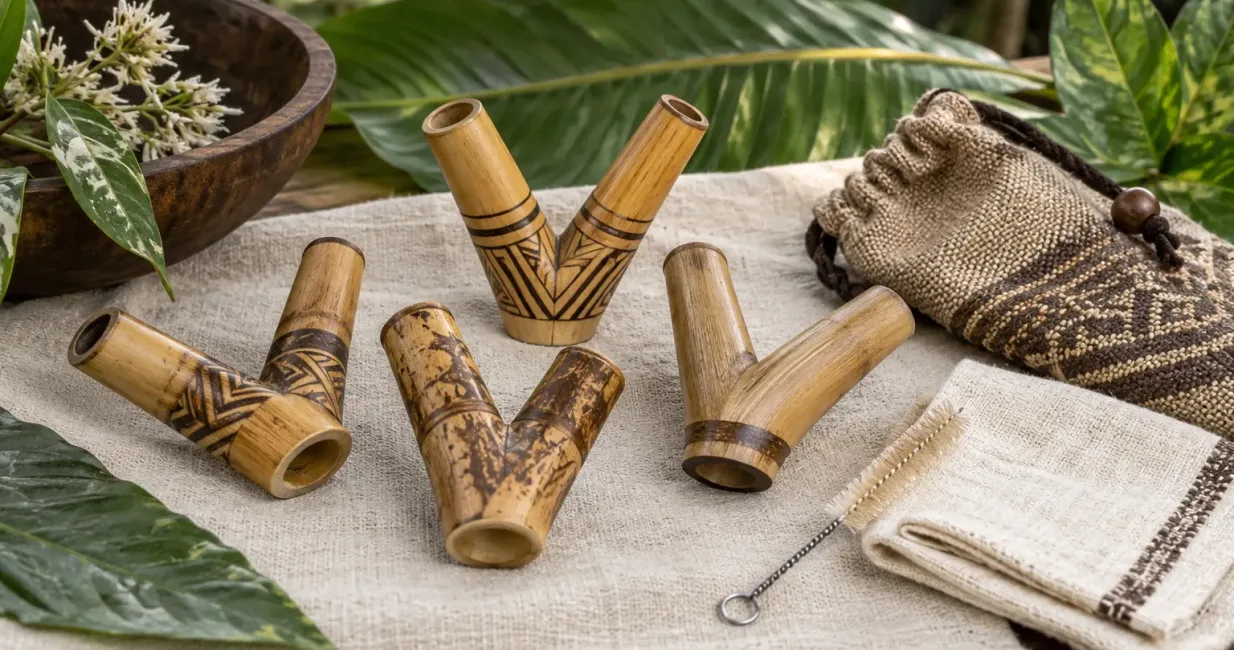 Several handmade bamboo Kuripé tools beside a narrow cleaning brush, cloth and storage pouch